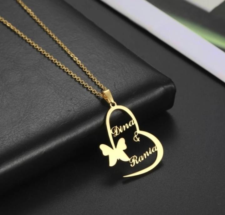 Heart with butterfly Personalized Couple Name Necklace