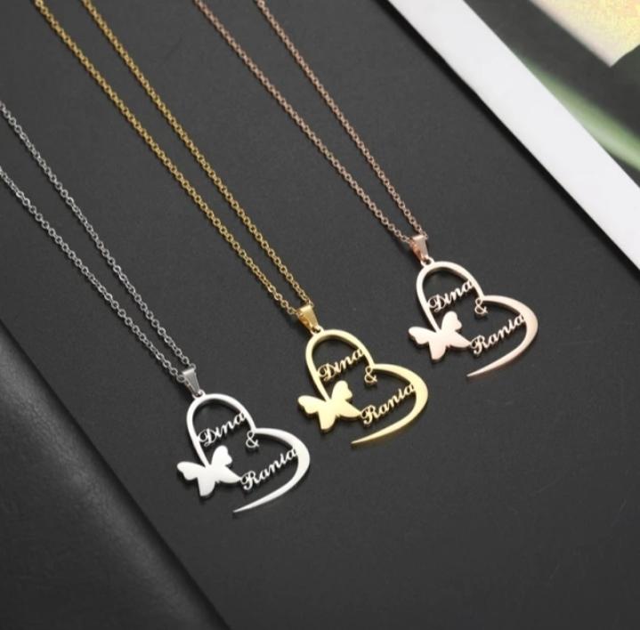Heart with butterfly Personalized Couple Name Necklace