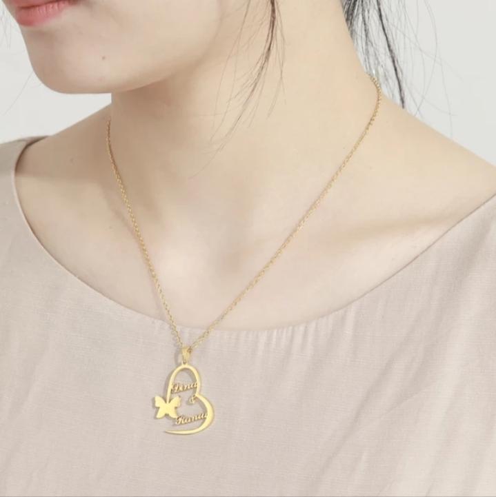 Heart with butterfly Personalized Couple Name Necklace