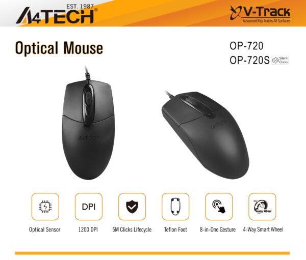 A4Tech OP-720S Optical Mouse - Silent Clicks - 1200 DPI - For PC/Laptop - Black